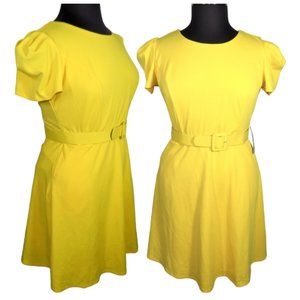 NY & Co Women's Yellow Puff Sleeve Fit & Flare Dress With Pockets Size Large